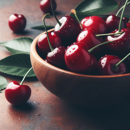Cherries in a wooden bowl with water drops, selective focusの素材