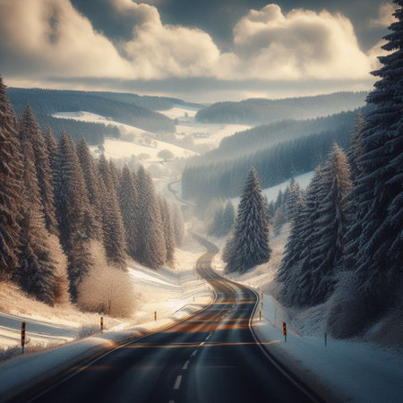 Winter road in the mountains. Carpathians, Ukraine, Europe.の素材