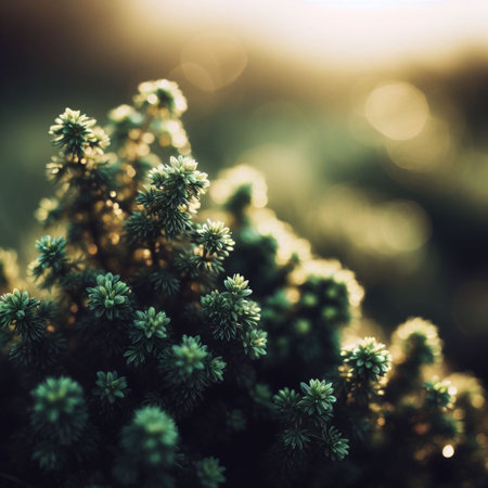 Close-up of spruce branches with bokeh background.の素材