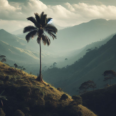 Palm tree on the hill. Vintage style toned picture.の素材