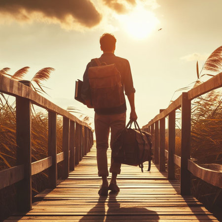 Traveler with backpack walking on wooden bridge over the sea at sunsetの素材