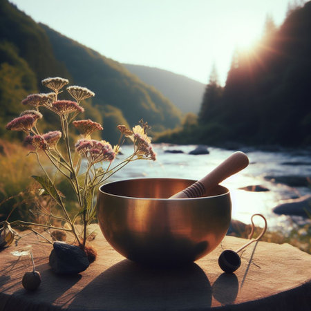 golden singing bowl on a wooden table in front of a mountain riverの素材