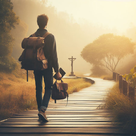 Man with backpack walking on the wooden path in the misty morning.の素材
