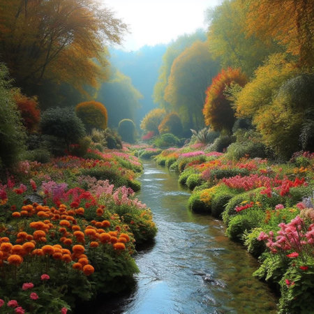 Autumnal landscape with a river and colorful flowers in the parkの素材
