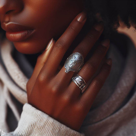 Close up of black african american woman with silver jewelry.の素材