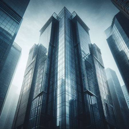 Modern skyscrapers in the city. 3d rendering toned imageの素材