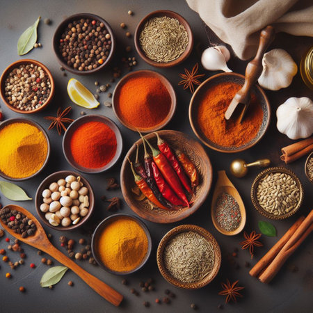 Spices and herbs in wooden bowls. Food and cuisine ingredients.の素材