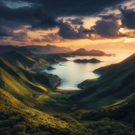 Beautiful sunset over the sea and mountains. Colorful summer landscapeの素材