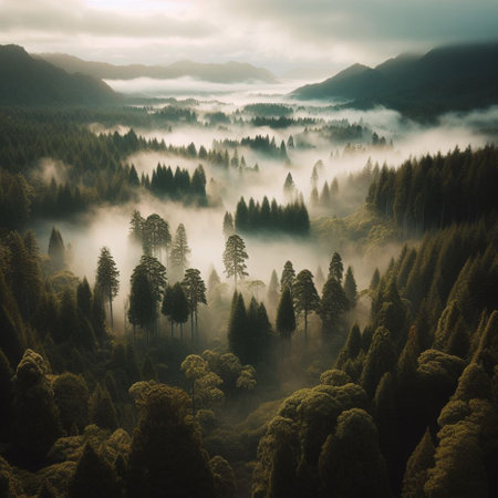 Foggy morning in the coniferous forest. View from above.の素材