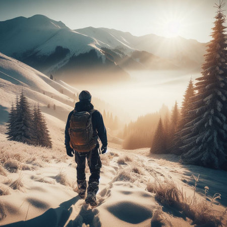 Hiker with backpack walking in winter mountains. Travel and adventure concept.の素材