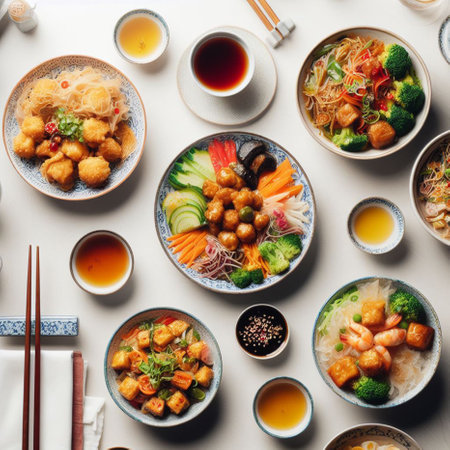 Assorted Asian dishes on a white background. Top view, flat layの素材