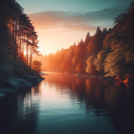 Foggy morning on the mountain river. Colorful autumn landscape.の素材