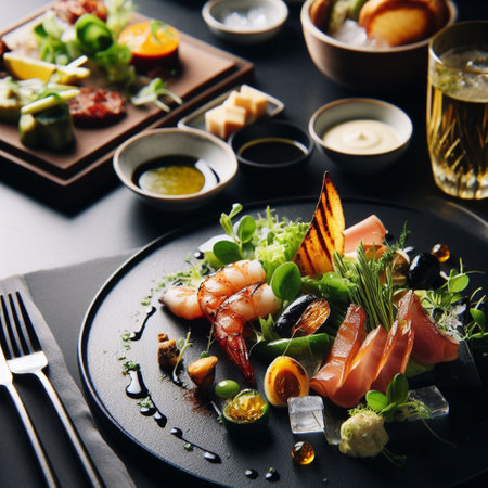 Seafood salad with shrimps, mussels and prawns served on black plateの素材