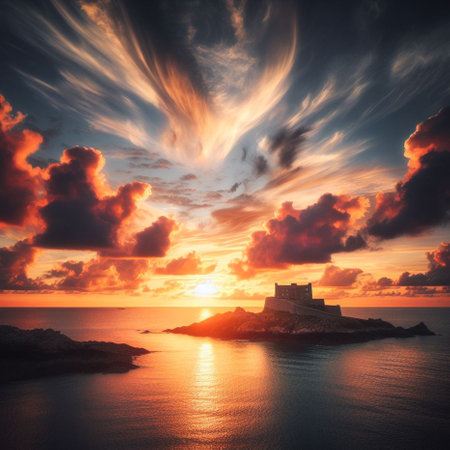 Sunset over the island of Ibiza, Balearic Islands, Spainの素材
