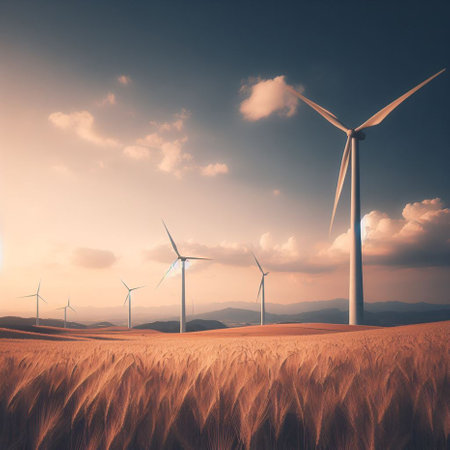 Wind turbines in a wheat field at sunset. 3D Renderingの素材