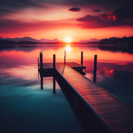 Wooden pier on the lake at sunset, Bled, Sloveniaの素材