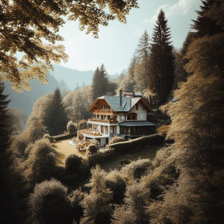 Wooden house in the mountains. Vintage style toned picture.の素材
