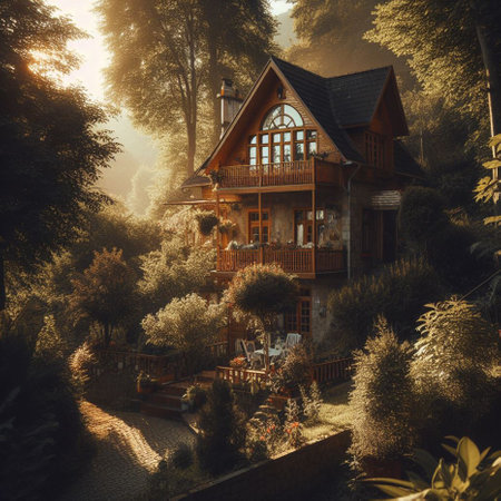 Beautiful wooden house in the forest at sunset. 3d renderingの素材