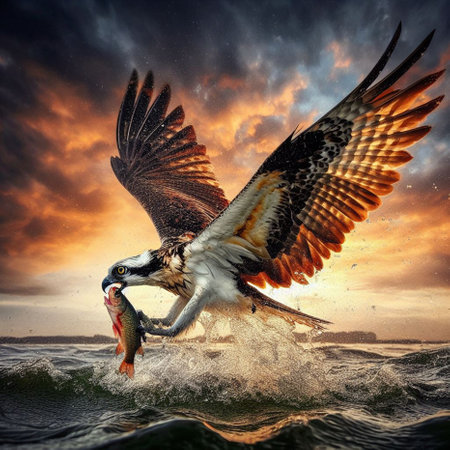 Osprey caught a fish in the sea. 3d renderingの素材