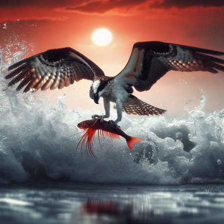 Osprey and fish in the ocean at sunset. Mixed mediaの素材