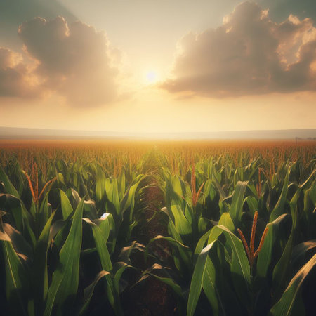 Corn field at sunset. Vintage style toned picture. Nature backgroundの素材