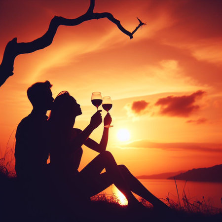 Silhouette of romantic couple with glasses of wine at sunset.の素材