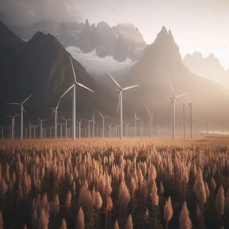 Wind turbines generating electricity in the foggy mountains. 3d renderingの素材