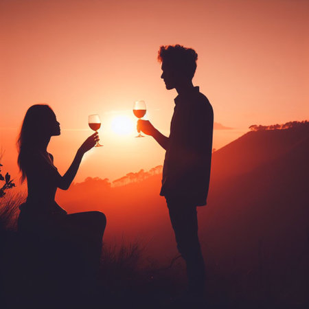 Silhouette of romantic couple drinking wine at sunset in mountains.の素材