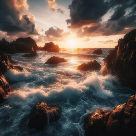 Beautiful seascape. Dramatic sunset over the sea. Toned.の素材
