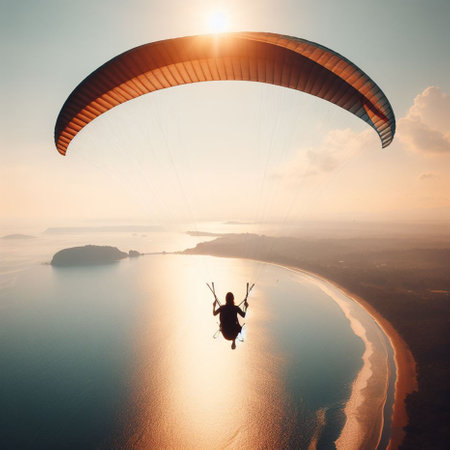 Paraglider flying over the sea at sunset. The concept of extreme sport and active life.の素材