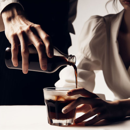 cropped shot of man pouring coffee into glass with ice cubes on tableの素材