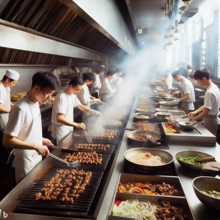 Chef cooking meatballs in a restaurant kitchen, view from aboveの素材