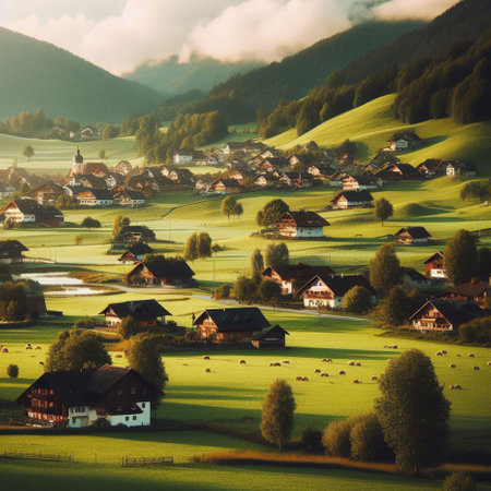 Idyllic rural landscape in the Austrian Alps. Vintage style.の素材