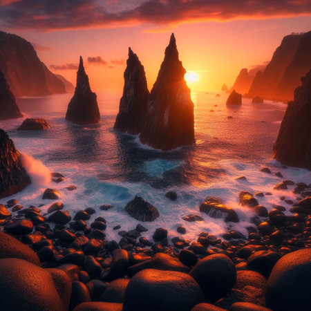 Fantasy alien planet. Mountain and sea. 3D illustration.の素材