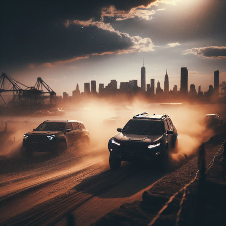 Car on the road in the city at sunset. 3d renderingの素材