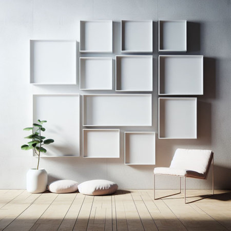 Modern interior with empty frames on wall. Mock up, 3D Renderingの素材