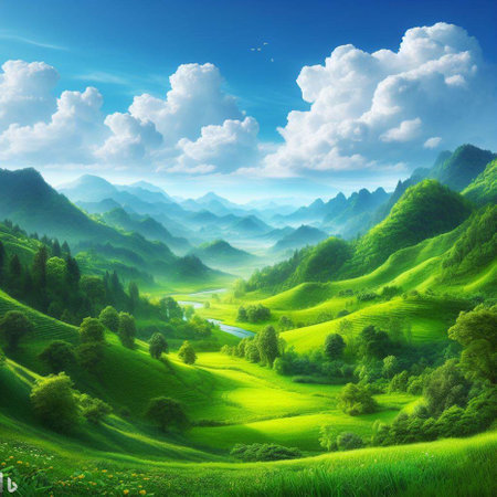 Summer landscape with green hills and blue sky with clouds. Vector illustration.の素材