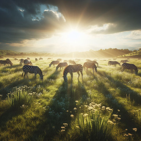 Zebra herd on meadow at sunset. Nature composition. 3d renderの素材