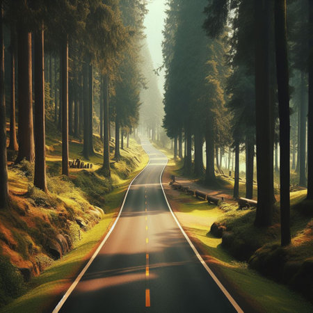 Asphalt road in the pine forest. 3d render illustration.の素材