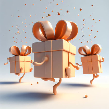 Gift boxes with ribbons flying in air. 3d illustrationの素材