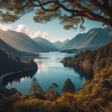 Natural landscape of New Zealand alps and lake with reflection in waterの素材