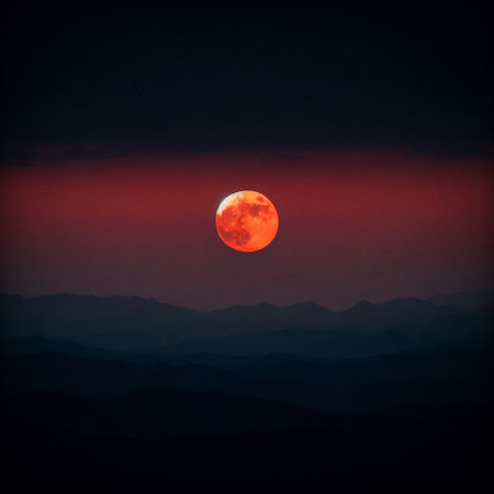 Red full moon over the mountains in the sky. Digital painting.の素材
