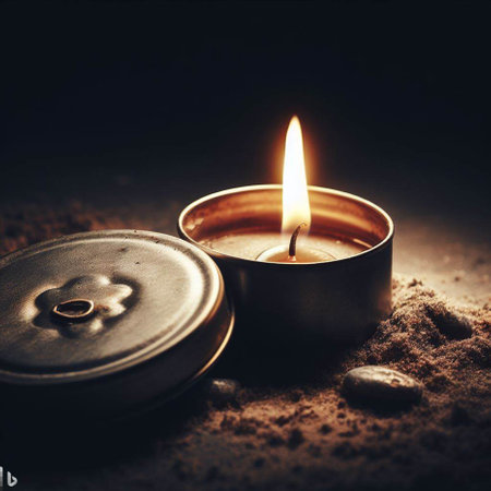 Burning candle in the sand on a dark background. Spa conceptの素材