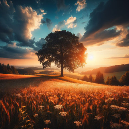 Lonely tree on the meadow at sunset. Nature composition.の素材