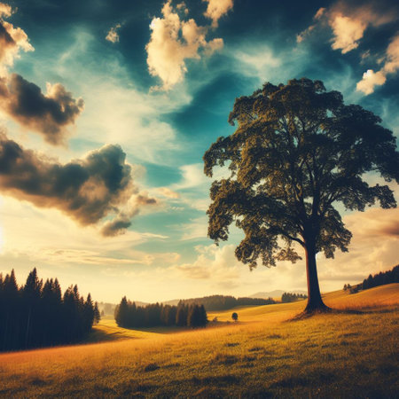 Lonely tree in the meadow. Dramatic sky.