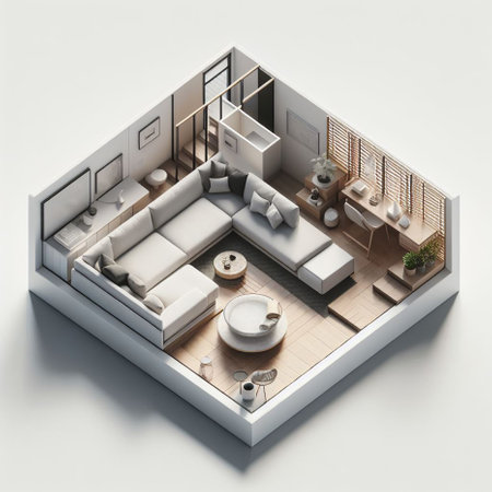 Top view of modern living room with white walls, floor, sofa and armchair. 3d renderingの素材