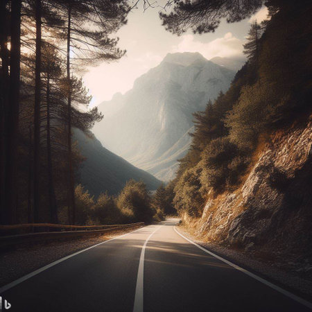 road in the mountains at sunset, travel concept, vintage tonedの素材