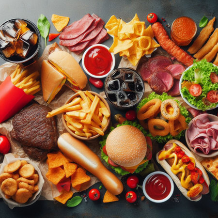 Fast food background with burgers, chips, vegetables, meat and drinks. Top viewの素材
