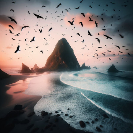 Beautiful seascape with a flock of birds in the foreground.の素材
