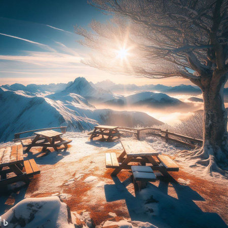 Beautiful winter landscape. Wooden benches on the background of snowy mountains.の素材